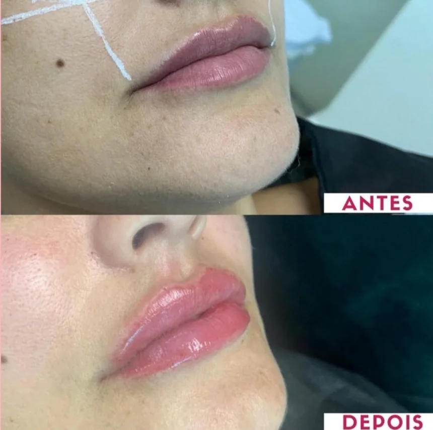 Antes e depois de preenchimento labial